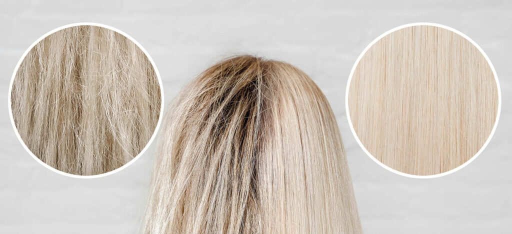 wizualne przedstawienie różnicy między zniszczonymi a zdrowymi włosami