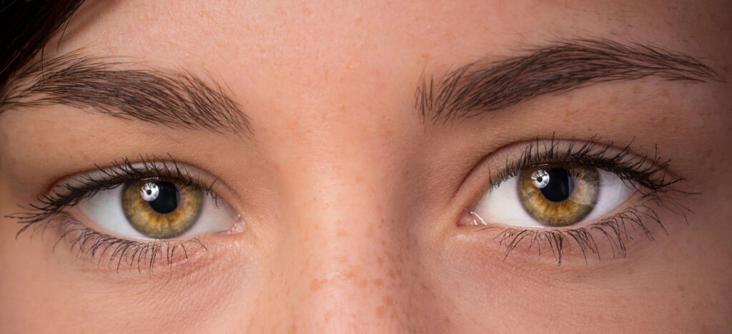 Zbliżenie na oczy osoby z naturalnymi rzęsami i brwiami, ilustrujące problem wypadania włosów w tych okolicach